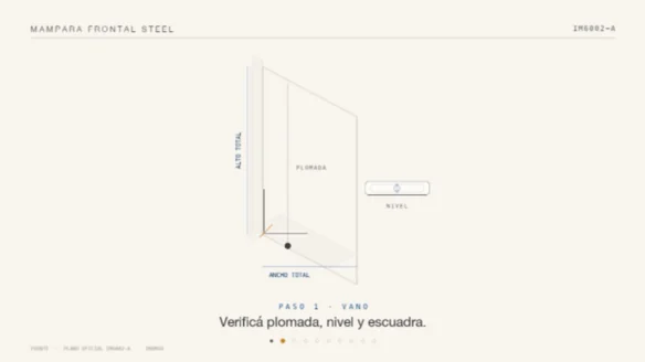 Animación paso a paso de la instalación de una mampara Frontal Steel - JN Aluminio Neuquén